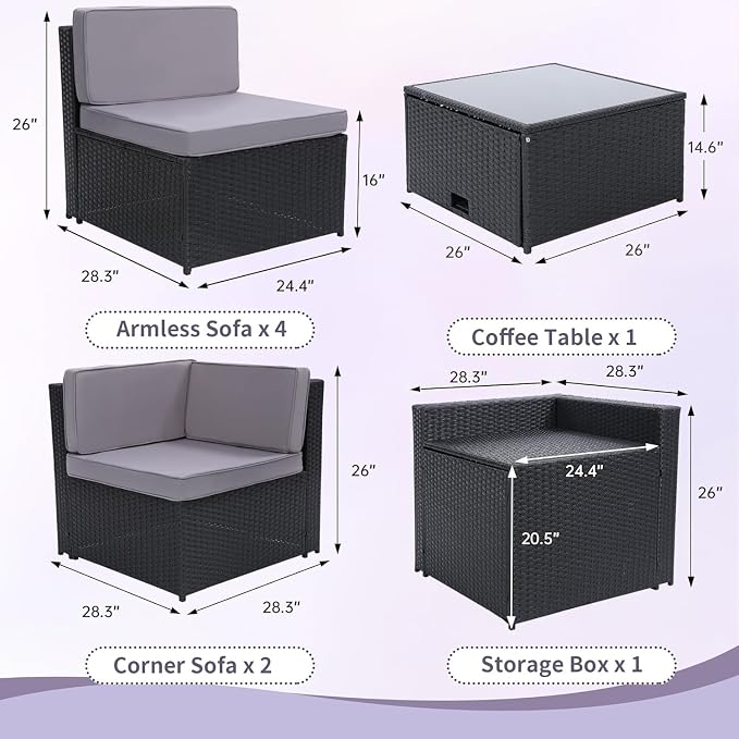 8-Piece Outdoor Wicker Patio Furniture Set with Glass Top Table Featuring Hidden Storage for Backyard, Garden, Deck, or Porch(Black)