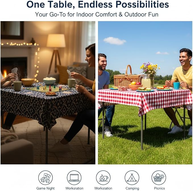34" Folding Card Table, Heavy Duty Plastic Square Table - Portable & Handle & Lock ，for Camping, BBQ, Party