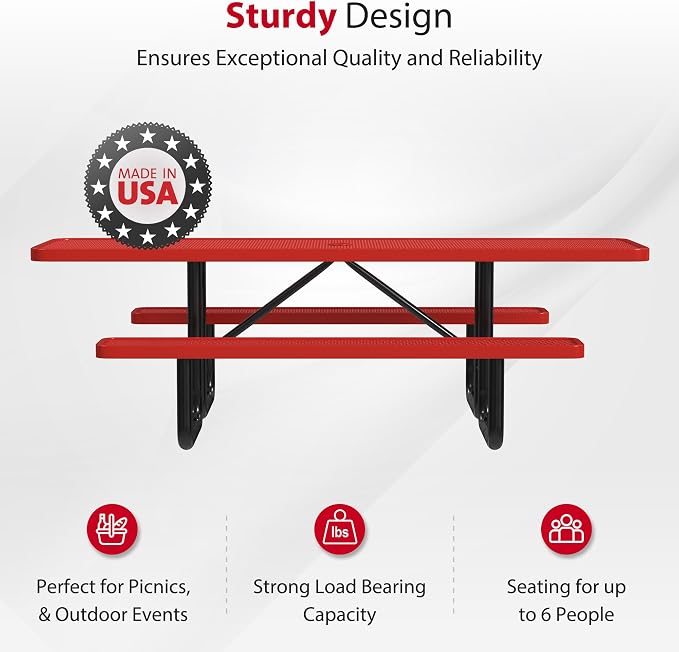 Leisure Craft Metal Picnic Table with Bench - 8 ft Rectangle Outdoor Dining Table with Umbrella Hole, Heavy Duty Thermoplastic Coating, ADA Compliant, Commercial Grade Furniture Made in USA - Red