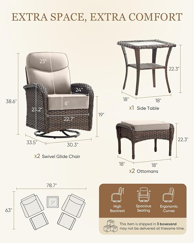 Belord Upgraded 6“ Cushion Luxury 5 Pieces Patio Furniture Set - All Weather Wicker Outdoor Swivel Rocker Patio Chairs of 2 with Ottomans, High Back Glider Chairs Set for Deck Porch - Brown/Beige