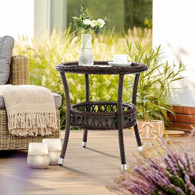 Outdoor Side Table Patio Wicker Coffee Table Outdoor End Table Rattan Bistro Table with Storage & Black Glass Table Top Round for Outside Balcony Porch Backyard Deck Brown