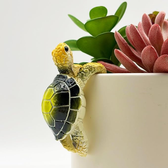 Cute Climbing Green Sea Turtle Flower Pot Hugger Figurines, Small Resin Hanging Tortoise Statue Planter Pot Decoration for Home Garden Fence Balcony Patio Lawn Yard Ornaments