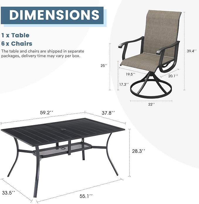 DIFY Outdoor Dining Set for 6, 7 Piece Patio Table and Chairs Set, Swivel Patio Chairs with Brown Textilene & 59.2" Black Rectangle Metal Dining Table with Umbrella Hole, for Garden Backyard Deck