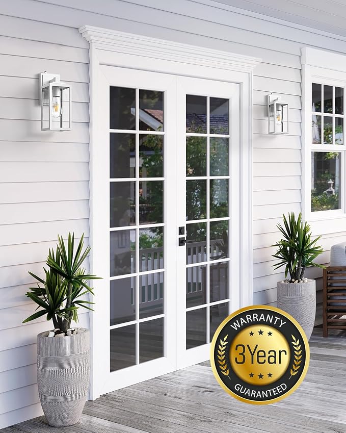 VIANIS 2 Pack White Dusk to Dawn Outdoor Wall Lantern, Waterproof Modern Outdoor Lighting Fixture Wall Mount for Garage, Anti-Rust Exterior Sconce Light with Tempered Seeded Glass for Entryway