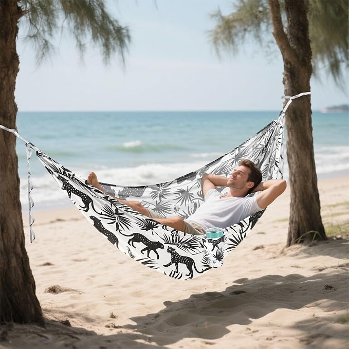 Camping Hammock Outdoor Hammocks for Outside Silhouettes of Leopards Beach Trees Portable Lightweight with Pockets Tree Straps Indoor
