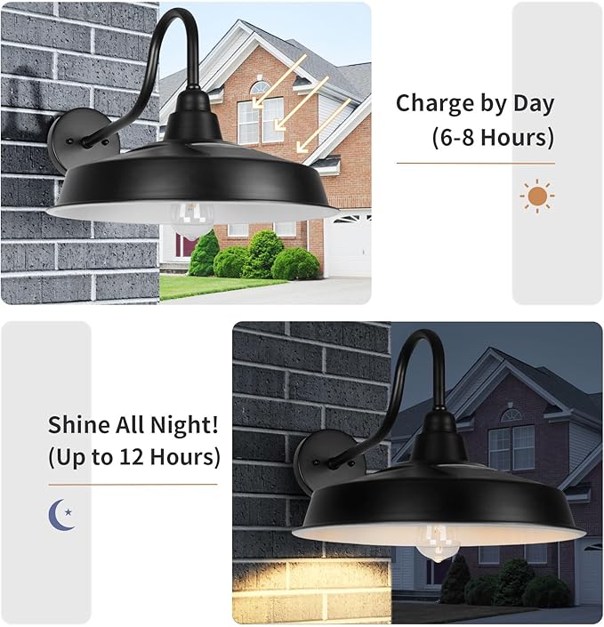 Solar Barn Light Outdoor, 16 Inch Dome Wall Light Solar Powered, Farmhouse Exterior Wall Sconce, Industrial Outside Lighting Fixture, Rustic Lantern for Garage, Barn, Shed, RZSR020W