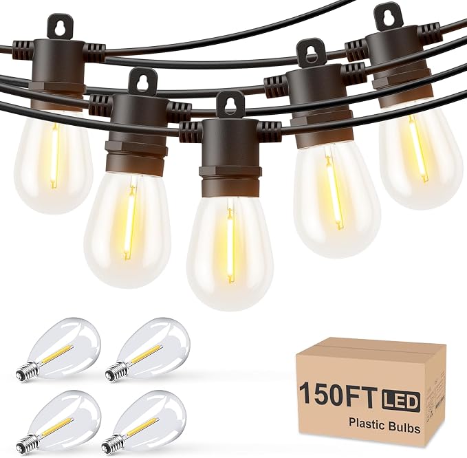 Svater Outdoor String Lights 150 FT, Patio Lights for Outside with Shatterproof Bulbs, IP65 Waterproof Commercial Grade LED Hanging Light for Backyard Bistro Market Cafe, Black