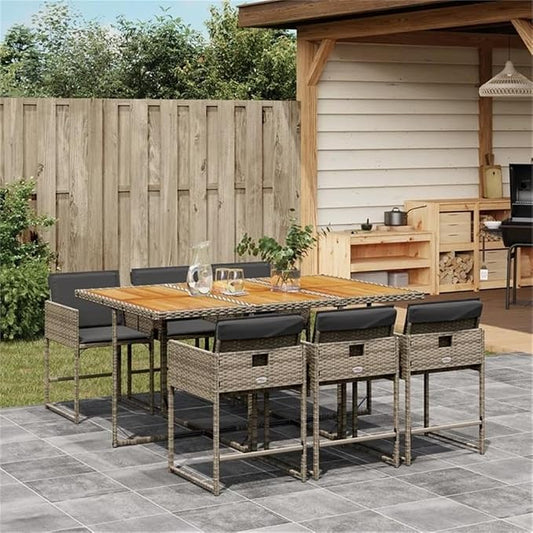 Afuera Living 7-Piece Rattan Garden Dining Set, Gray/Brown Finish, Acacia Wood and UV-Resistant PE Rattan, Includes Cushioned Chairs, Rectangular Table for Outdoor Patio or Garden Dining