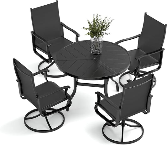 Amopatio 5 Pieces Patio Dining Set for 4, Outdoor Table and Chairs, 4 All Weather Swivel Patio Chairs, 39" Patio Spliced Round Table with Umbrella Hole, for Deck, Backyard, Poolside & Garden, Black
