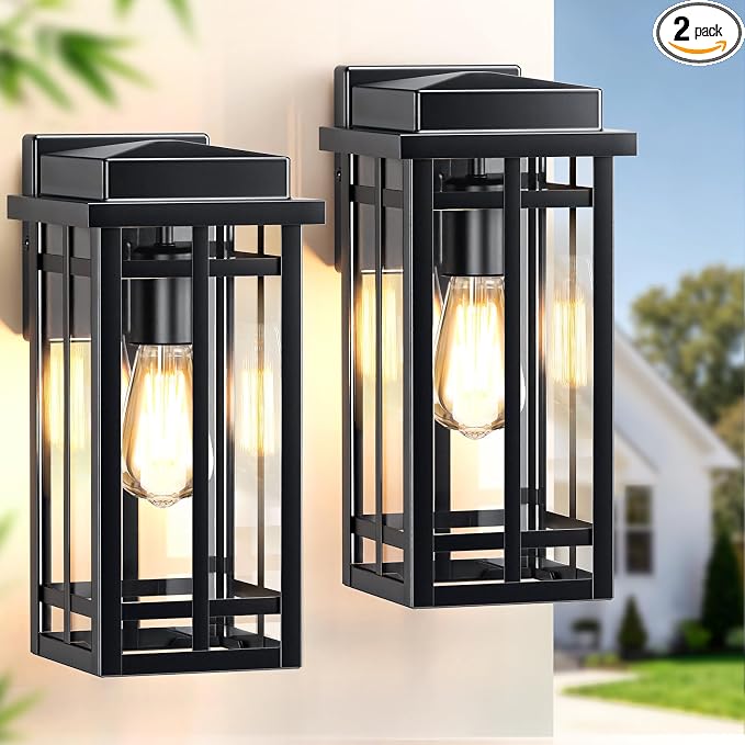 12'' Outdoor Wall Lights 2 Packs, Black Porch Light Outdoor Lighting | Waterproof Exterior Lighting Fixtures Sconce Lanterns, Modern Outside Lights for House Garage Front Door Patio (No Sensor)