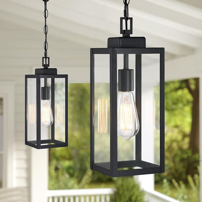 15'' Outdoor Pendant Light 2 Packs, Outside Chandelier Hanging Lantern | Large, Modern Outside Chandelier, Matte Black with Clear Glass, Exterior Pendant Lighting Fixture Ceiling Mount for Porch