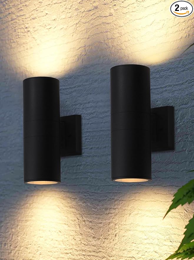 LEONLITE 2-Pack 12" Outdoor Cylinder Wall Light, Up and Down, E26 Base | Modern Porch Patio Lights, Waterproof Wall Sconce, Exterior Light Fixture Wall Mount, Aluminum, Matte Black, ETL Listed
