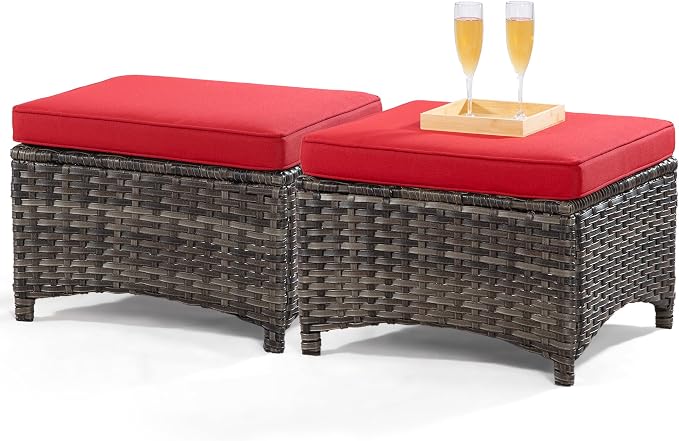 Outdoor Wicker Couch Set 6 Pieces - Outdoor Wicker Patio Furniture Set with 2 Armchairs, 2 Couch and 2 Ottomans, Olefin Cushions Included(Mixed Grey/Red)
