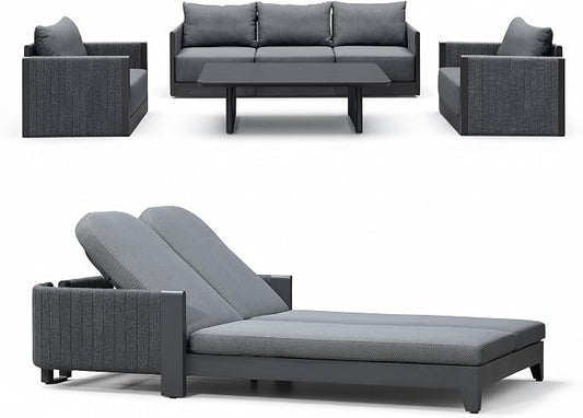 PURPLE LEAF Patio Furniture Set with 2 Person Lounge Chair 7 Pieces Outdoor Conversation Sets PP Rope Patio Sofa with Cushions and Table Deep Seating Furniture for Porch Lawn Backyard Gray