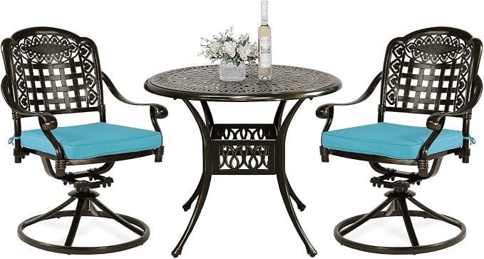 VIVIJASON 3-Piece Patio Bistro Set, Outdoor All-Weather Cast Aluminum Furniture Dining Set, Include 2 Swivel Chairs and 34.5" Round Table w/Umbrella Hole for Balcony, Lawn, Garden (Ocean Blue Cushion)