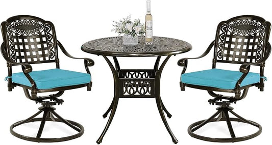 VIVIJASON 3-Piece Patio Bistro Set, Outdoor All-Weather Cast Aluminum Furniture Dining Set, Include 2 Swivel Chairs and 34.5" Round Table w/Umbrella Hole for Balcony, Lawn, Garden (Ocean Blue Cushion)