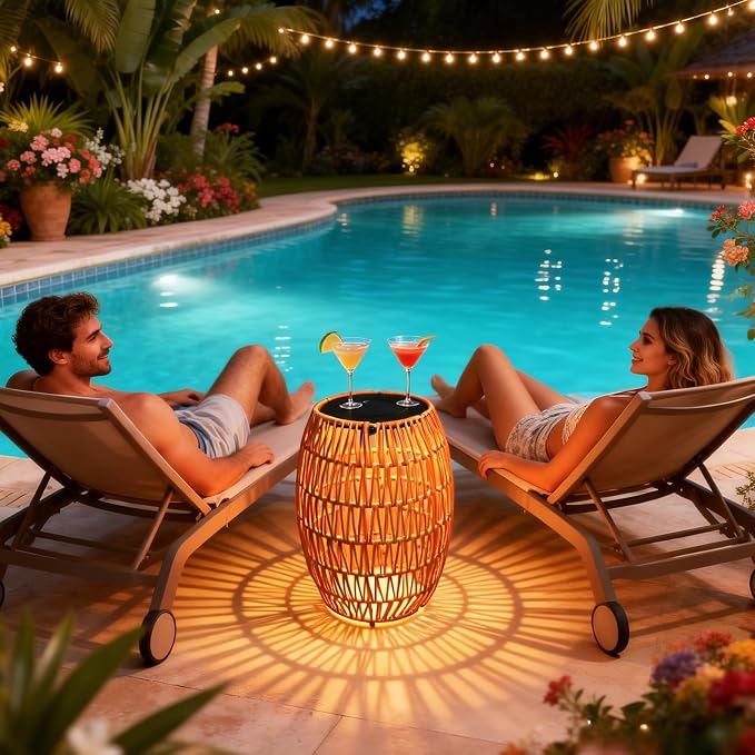 Solar Outdoor Side Table, Boho Handwoven Drum Rattan, 12.8" D x 16.9" H | 3-Color Temperature Light, Patio End Table, Dusk to Dawn Auto Sensor, IP65 Waterproof, For Porch Balcony Garden