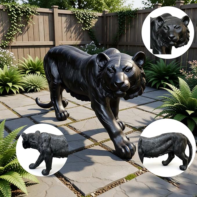 Black Walking The Tiger Garden Statue, 33.46" Outdoor Animal Decor | Extra Large, Realistic Fur Texture & Stripes, For Lawn, Patio, Yard