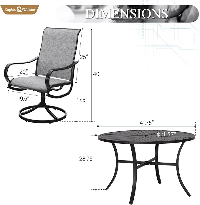 Sophia & William Outdoor Dining Set Patio Dining Set for 4 Round Patio Table and Chairs Set 5 Pieces with Swivel Patio Chairs 42" Metal Table for Garden Pool All Weather Grey