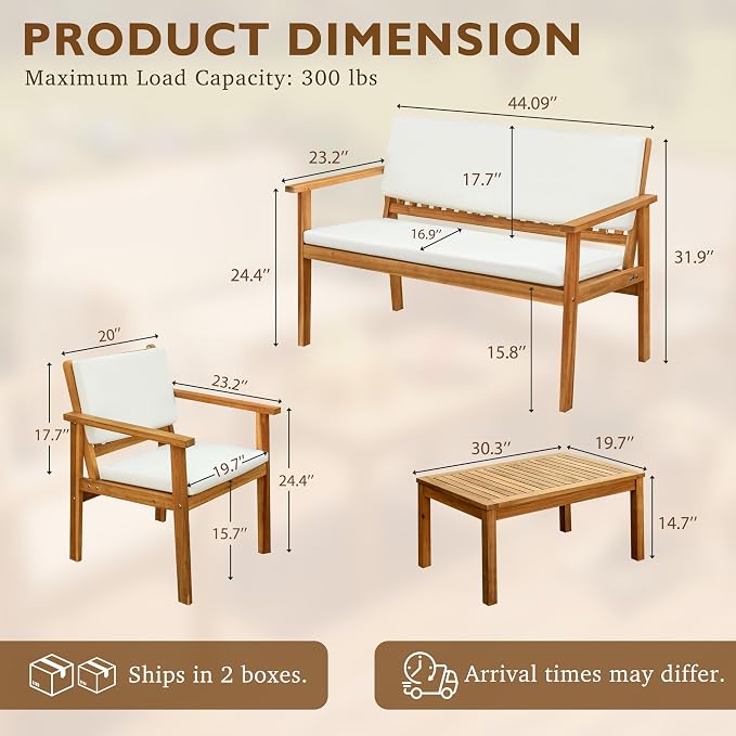 Devoko Patio Furniture 4 Piece Acacia Wood Outdoor Conversation Sofa Set with Table & Cushions Porch Chairs for Garden, Deck, Backyard, Natural