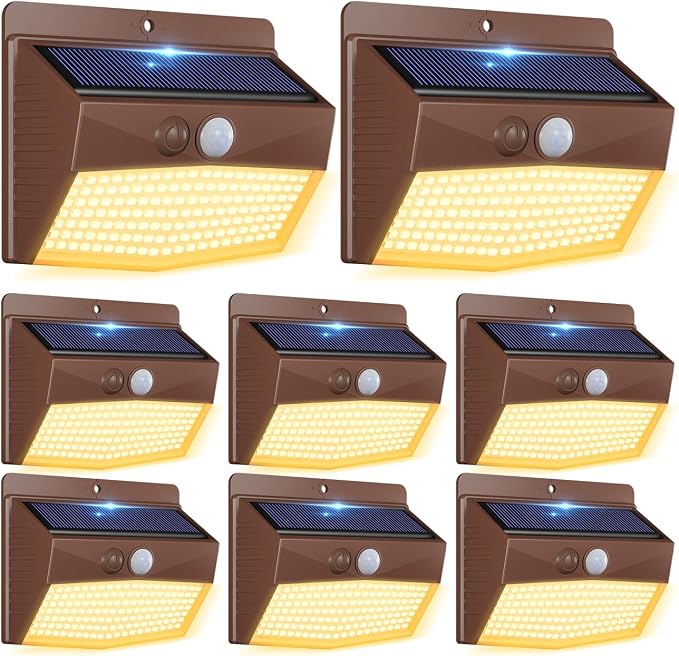 Solar Outdoor Lights, [8 Packs] Motion Sensor Security Lights with 3 Lighting Modes Wall Lights Waterproof Solar Powered Lights for Garden Yard,Brown White