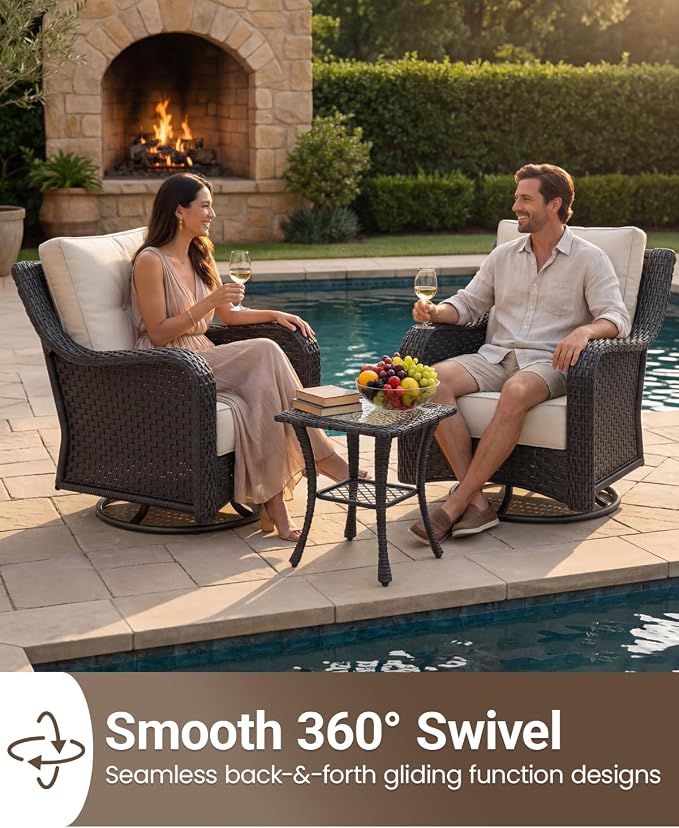 5 Pieces Outdoor Furniture Set with 6-inch Cushions, High Back Wicker Swivel Rocker Chairs with Fire Pit Table, Luxury Conversation Set for Deck Patio and Poolside