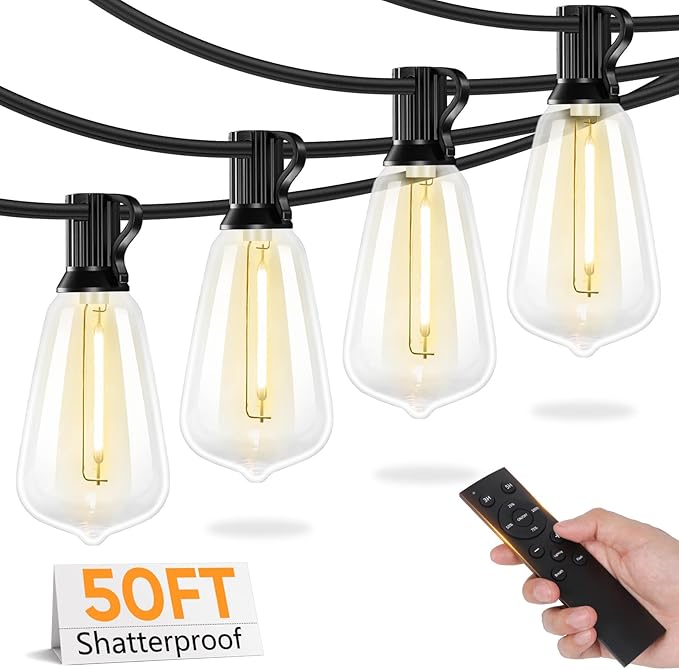 50FT Outdoor String Lights with Remote, LED String Lights for Outside with 16 Shatterproof ST38 Vintage Edison Bulbs, 3 Modes 2 Timer Dimmable Outside Lighting for Patio, Gazebo, Deck, Yard