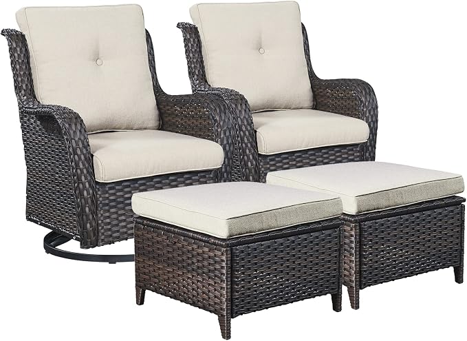 Rilyson Luxury 4 Pieces Patio Wicker Furniture Set, Outdoor Rattan Bistro Set with Rocking Swivel Chair, Ottoman and Thickened Cushions (Brown/Beige)