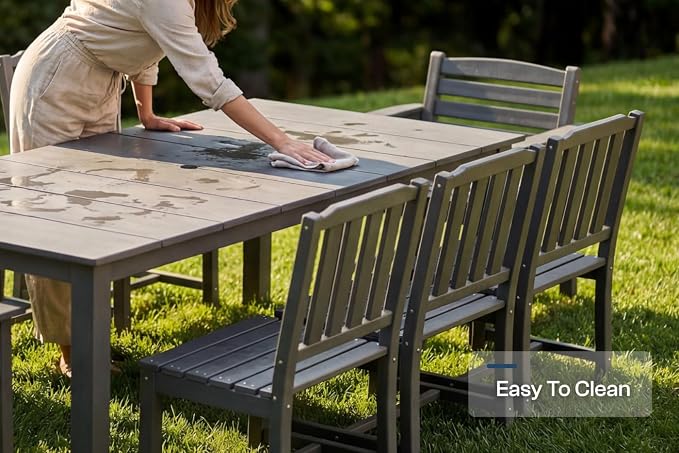 Perli™ 9-Piece Outdoor Dining Set, All-Weather HDPE Patio Furniture with 8 Ergonomic Chairs & Large Table, Built-in Umbrella Hole, UV-Resistant Set for Backyard, Deck, Poolside, Grey