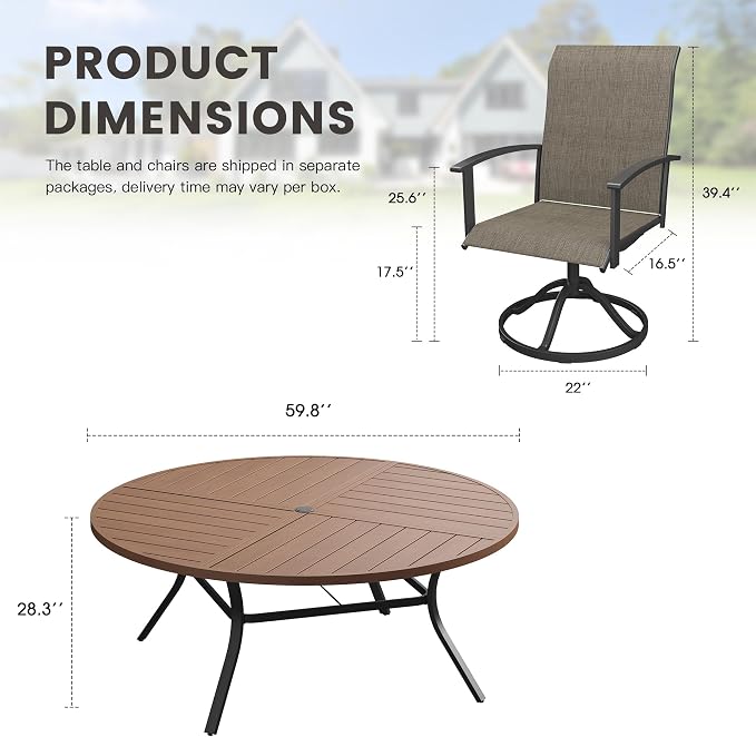 9 Pieces Round Outdoor Table and Chairs Set, Patio Dining Set with 60" Round Spliced Outdoor Table and Patio Swivel Chairs for Backyard Lawn Garden, Walnut Table and Mixed Brown Chairs