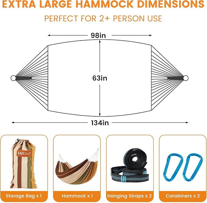 Lazy Daze Hammocks Double Brazilian Cotton Hammock, Extra Large Portable Outdoor Camping Hammock with Tree Straps & Travel Bag for Backyard Patio Poolside Indoor, 550lbs Capacity, Brown & Khaki
