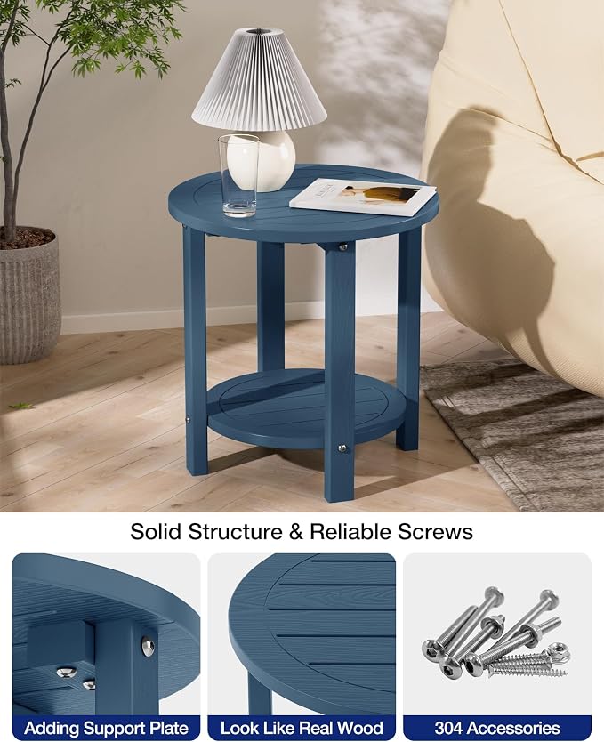YEFU Outdoor Side Table for Patio: 16in HIPS Small Round Outdoor End Table - 2-Tier Adirondack Tables for Patio Porch Yard Poolside Living Room Beach Bedroom (Navy, 1 Pack)