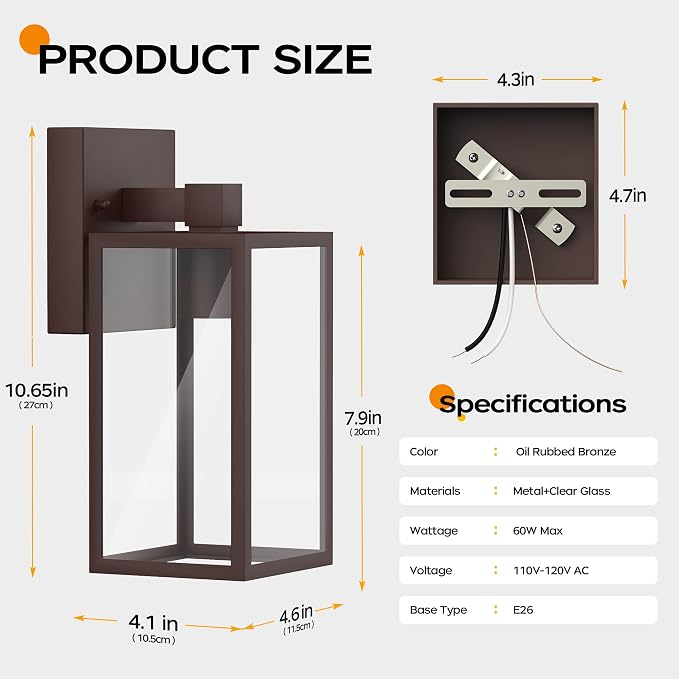 WIHTU Outdoor Front Porch Light Wall Mount, Exterior Lighting Fixtures | 10.65inch, Anti-Rust Metal Frame, Tempered Glass, E26 Base, Waterproof, Easy Install, Wall Sconce for Patio, Garage, Entryway