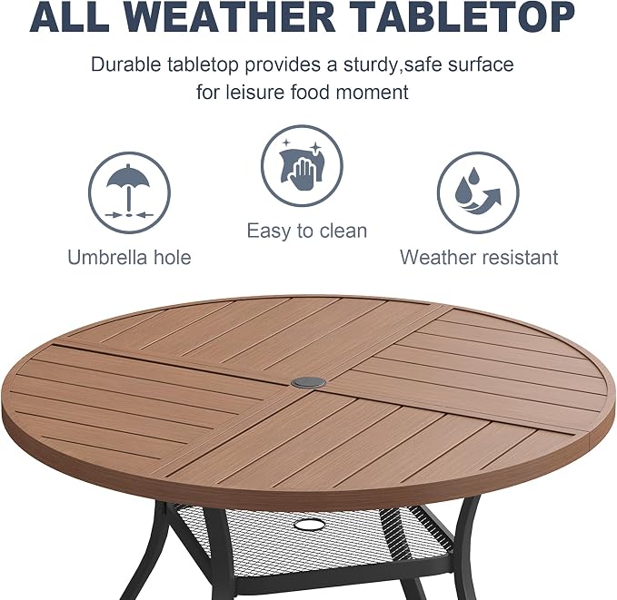 VICLLAX 40.6" Round Patio Dining Table for 4, All Weather Metal Outdoor Table with 1.57" Umbrella Hole and Storage Shelf for Garden Lawn Deck, Walnut