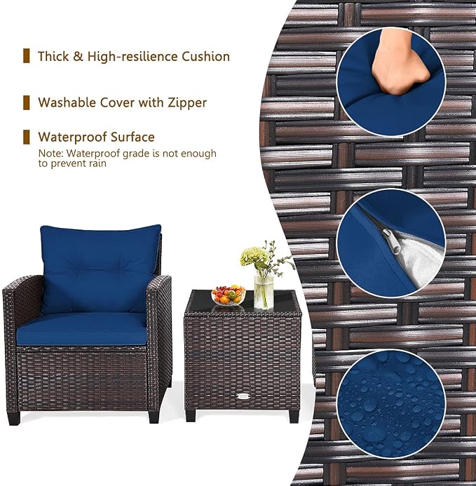 KOTEK 3 Piece Patio Furniture Set, Outdoor Conversation Set with Washable Cushions & Tempered Glass Tabletop, PE Rattan Wicker Bistro Set for Porch, Garden, Balcony (Navy Blue)