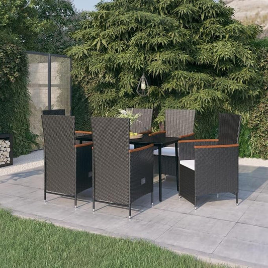 7 Piece Patio Dining Set & Outdoor Furniture Black PE Rattan Garden Dining Set for Lawn Backyard Front Porch 55.1 x 27.6 x 29.1 in