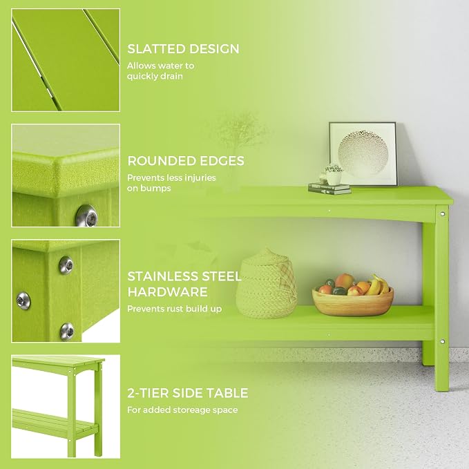 Costaelm Adirondack Outdoor Side Table, 55” HDPE Small Outside Table with Storage Shelf, Weather Resistant Outdoor Plant Shelf, Porch Table and Outdoor Table for Pool & Yard, Lime