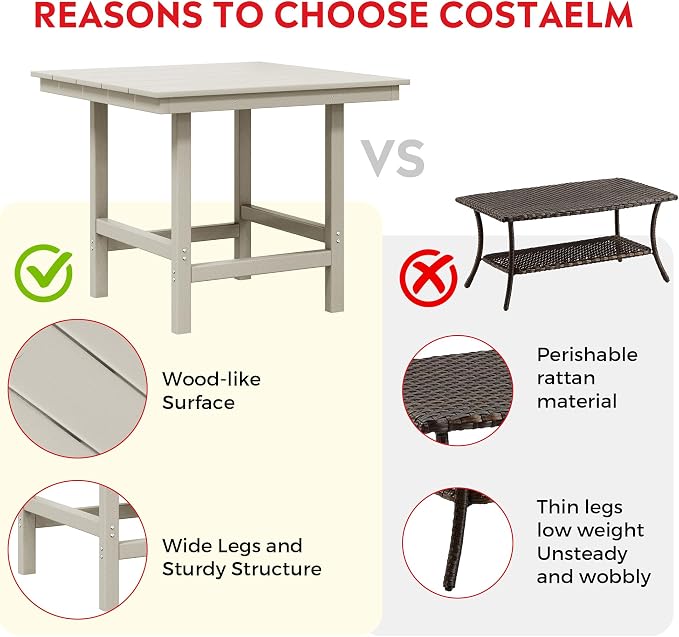 Costaelm Outdoor Patio Table, Outdoor Dining Table for 4, Weather Resistant Square Patio Table with Umbrella Hole for Garden, Poolside, Porch, Sand