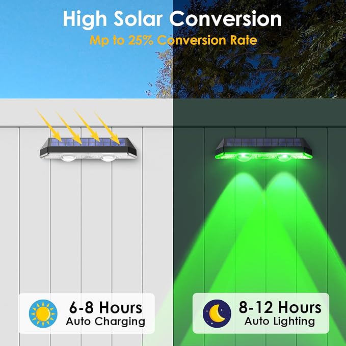 Solar Fence Lights Outdoor - Warm White & RGB 6 Color, Dusk to Dawn Solar Deck Light, Solar Lights Outdoor IP65 Waterproof, Garden Lights for Outside/Backyard/Railing/Step/Patio/Wall (8 Pack)