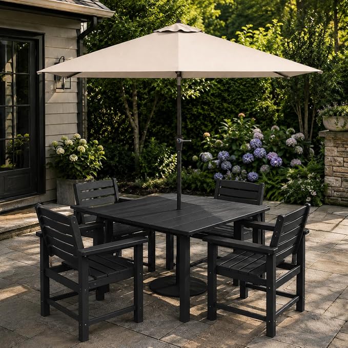 HDPE Outdoor Dining Set for 4, Square Table & Chairs Set | • All-Weather Polywood Composite • 410 lbs Heavy-Duty Support • Built-In 2" Umbrella Hole • Easy Soap-Water Wash