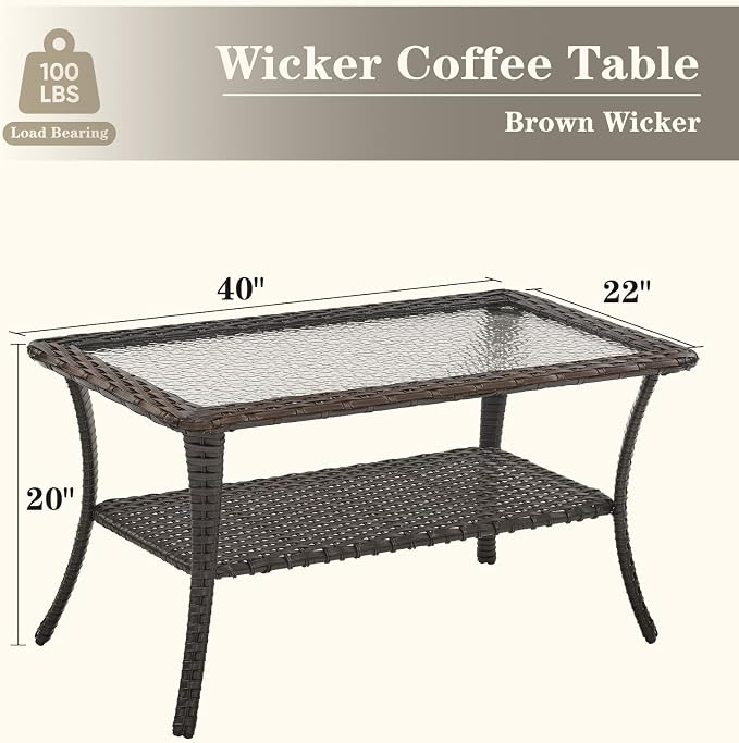 Belord Outdoor Coffee Table for Patio - 40 Inch Rattan Patio Coffee Table with 2-Layer Storage, Rectangular Tempered Glass Outdoor Wicker Table for Porch Balcony Deck Brown