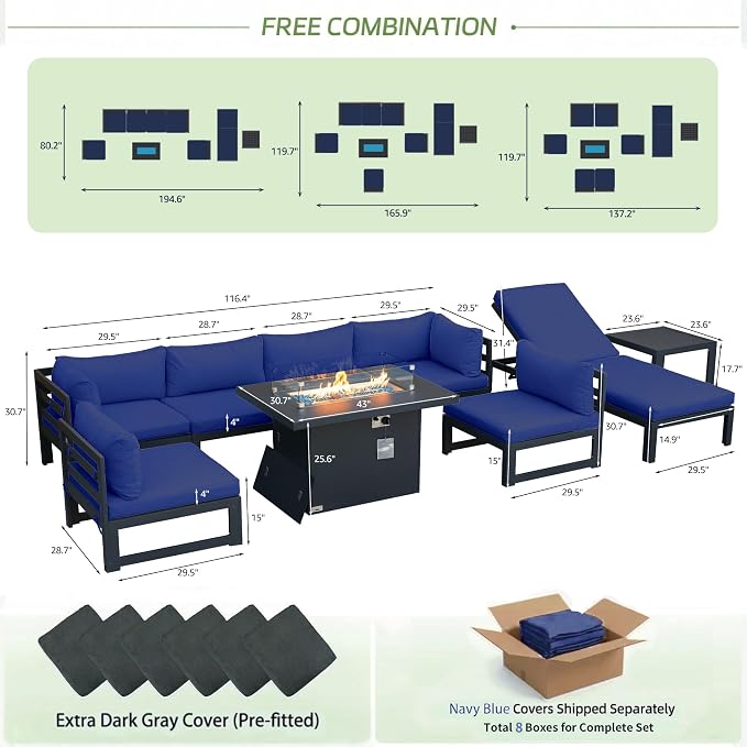 RADIATA 9 Pcs Oversized Contemporary Aluminum Patio Furniture Set, All Weather Modular Sectional Sofa with Tanning Chair & Fireplace, 500 lbs Heavy Duty Comfy Outdoor Couch for Beach Deck, Navy Blue