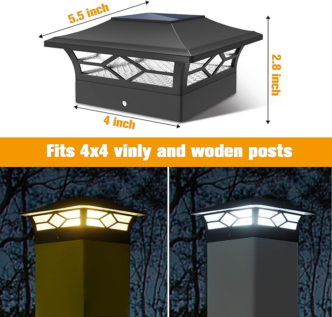 Solar Post Cap Lights Outdoor 8pack, Waterproof Solar Powered Deck Fence Post Lights for 4x4 Wood/Vinyl Posts, Solar Outdoor LED Light with Cool/Warm Lighting (Black, 8pack)