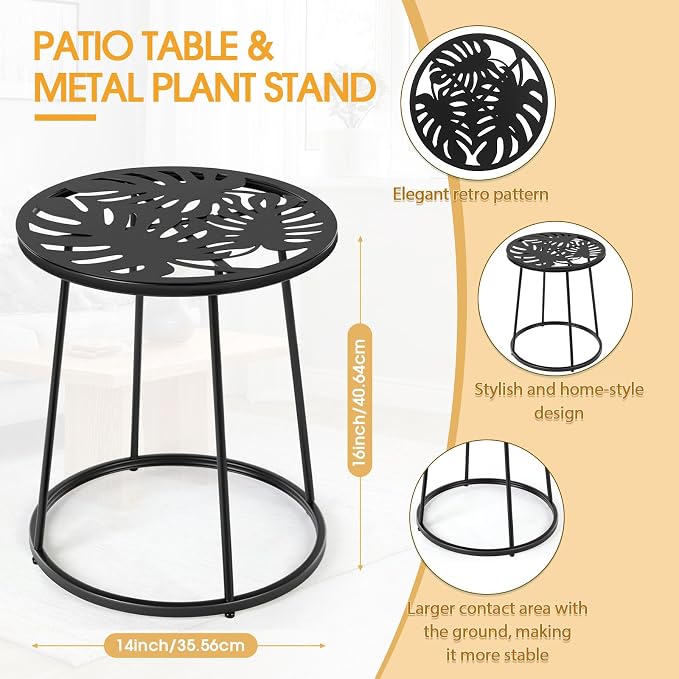 Vercraft Small Outdoor Side Table, 14" Patio Side Tables with Flower Cut Outs Weather Resistant Metal Outdoor End Table for Patio Outside Porch Balconies Garden(Black,Monstera Leaf)
