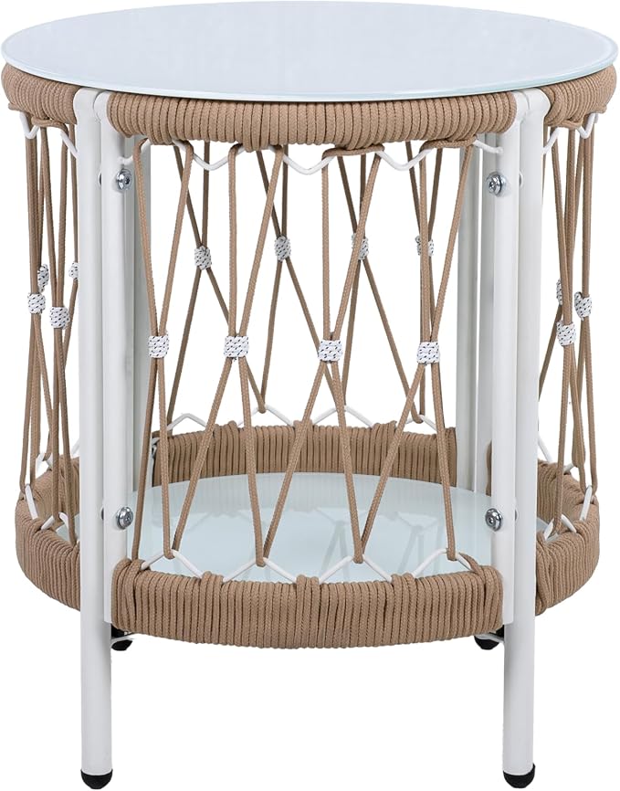 Christopher Knight Home Packy Bohemian Outdoor Side Table with Storage Shelf, Glass Top Small Patio Round Coffee Table, Sofa End Table for Patio Furniture Set with Metal Frame, White+Beige