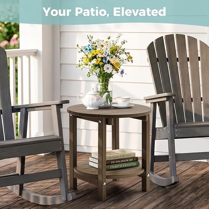 Outdoor Side Table, Adirondack Round 2-Tier Patio Table, Easy Maintenance & Weather Resistant, HDPE End Table for Backyard, Pool, Patio, Porch, Brown