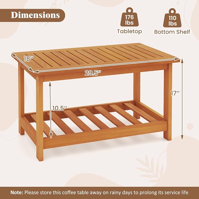 RELAX4LIFE 2-Tier Outdoor Coffee Table - Acacia Wood Rectangular Patio Center Table w/Slatted Tabletop & Storage Shelf, Indoor Outside Wooden Furniture for Living Room Backyard Deck Balcony, Natural