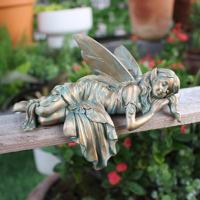 Vintage Bronze Sleeping Fairy Statue Outdoor Garden Decor, 6.1" Resin Angel Figurine Home Shelf Sitter Yard Art Sculpture for Patio Lawn Porch Ornaments