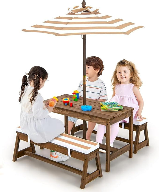 Olakids Kids Picnic Table, 2 in 1 Outdoor Toddler Wooden Table and Chair Set with Removable Cushions Height Adjustable Umbrella, Children Activity Furniture Bench for Patio Garden Backyard