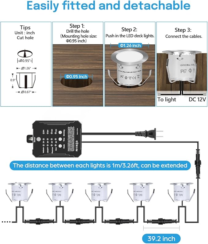 HIBOITEC Low Voltage Deck Lights Recessed Kit with Transformer Dimmable Timer and Photocell Sensor Outdoor LED Deck Lighting IP67 Waterproof 4000K for Stair Step Outdoor Garden Yard 16 Packs
